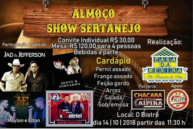 Almoço Show Sertanejo da Casa da Menina ainda dispõe de convites