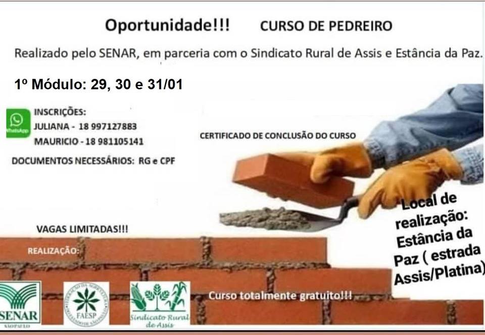 Sindicato Rural de Assis vai realizar Curso de Pedreiro