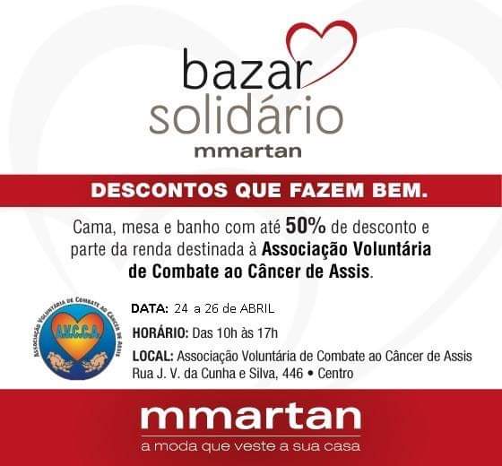 Bazar Solidário Mmartan - até 50% de desconto em prol da AVCCA de Assis