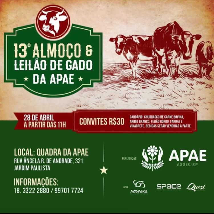 Apae de Assis promove seu 13º Almoço e Leilão de Gado em 28 de abril