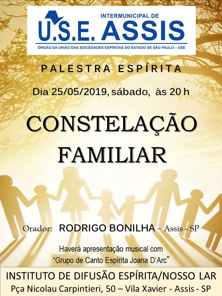 Palestra espírita de sábado, 25 de maio, é sobre Constelação Familiar