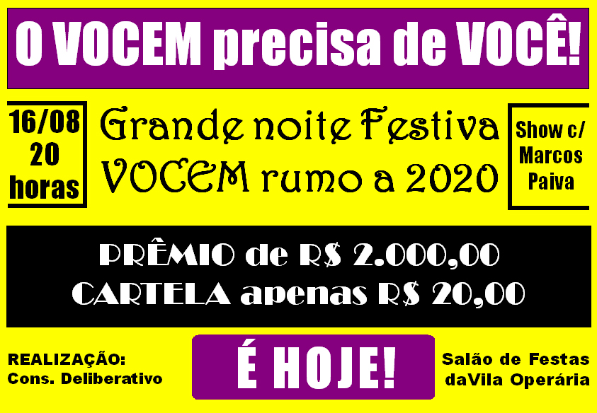 Já pensando em 2020, VOCEM promove Noite Festiva nesta sexta, 16