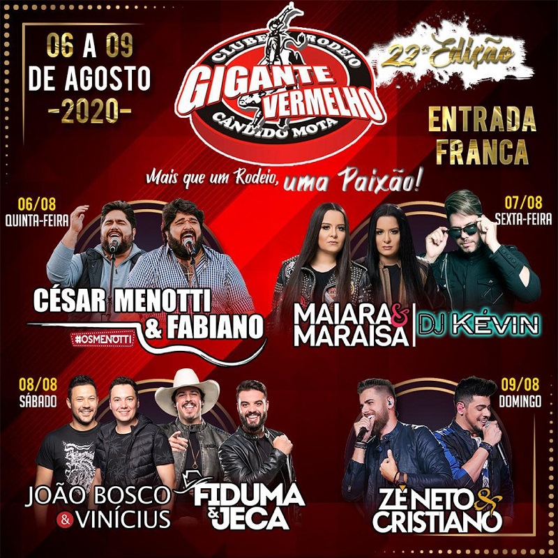 Gigante Vermelho divulga shows, que terá Maiara e Maraísa; César Menotti e Fabiano e outros