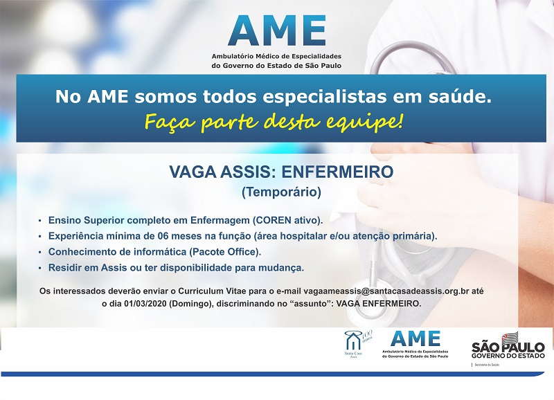AME Assis está contratando enfermeiro temporário
