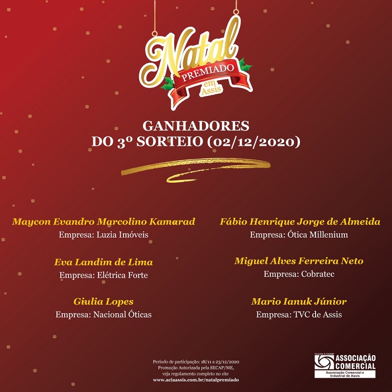 Confira os ganhadores do terceiro sorteio da campanha Natal Premiado ACIA