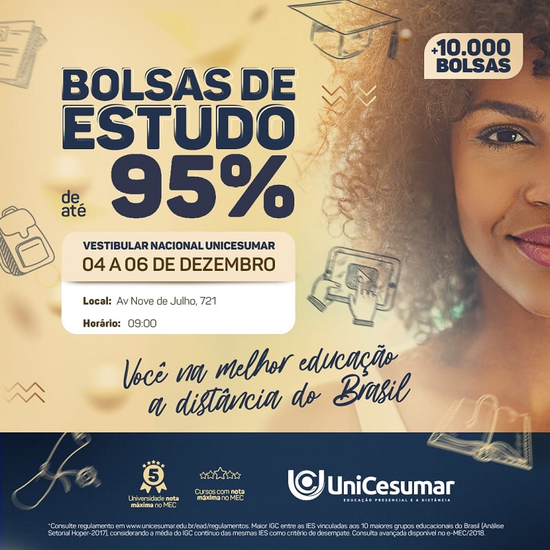 EAD Unicesumar oferece mais de 10 mil bolsas de estudo em vestibular nacional
