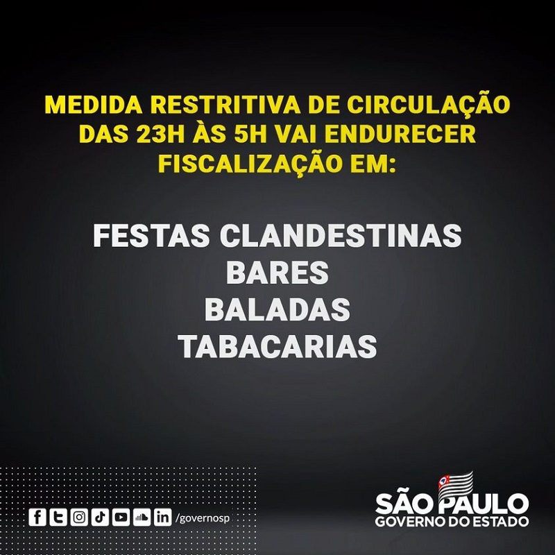 Entra em vigor nesta sexta-feira a restrição de circulação entre 23h e 5h