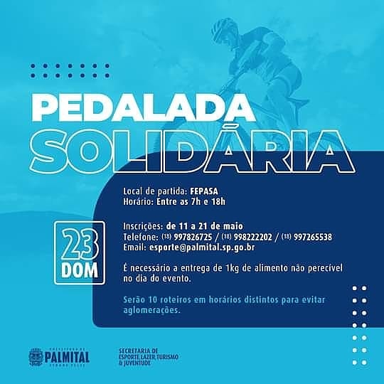 Dia 23 de maio tem Pedalada Solidária em Palmital