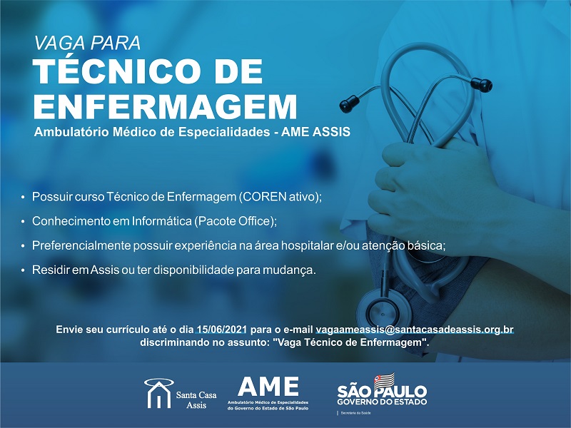 AME Assis contrata Técnico de Enfermagem