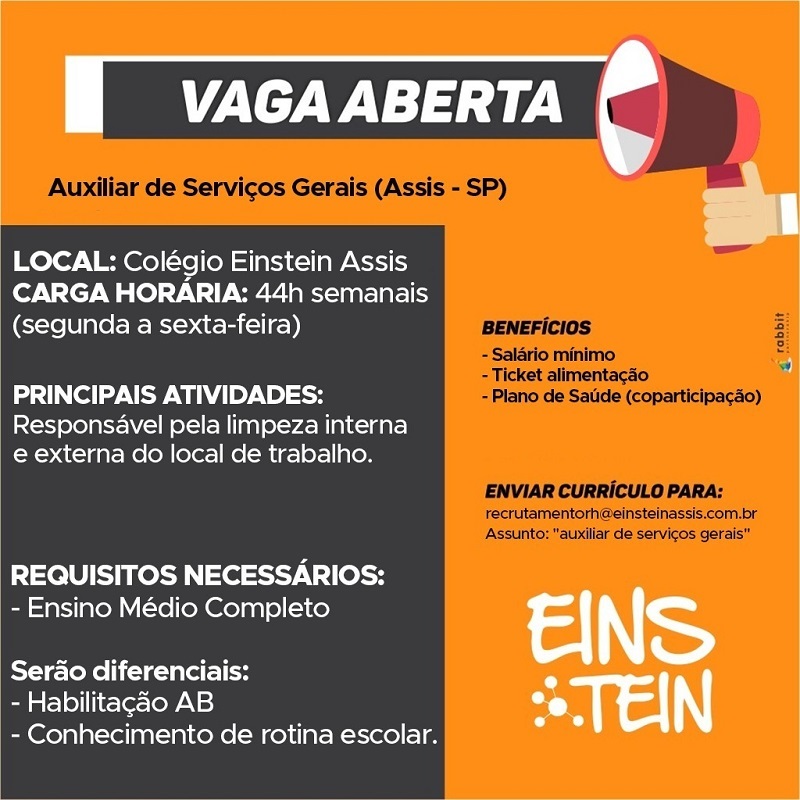 Colégio Einstein Assis oferece vaga para auxiliar de serviços gerais