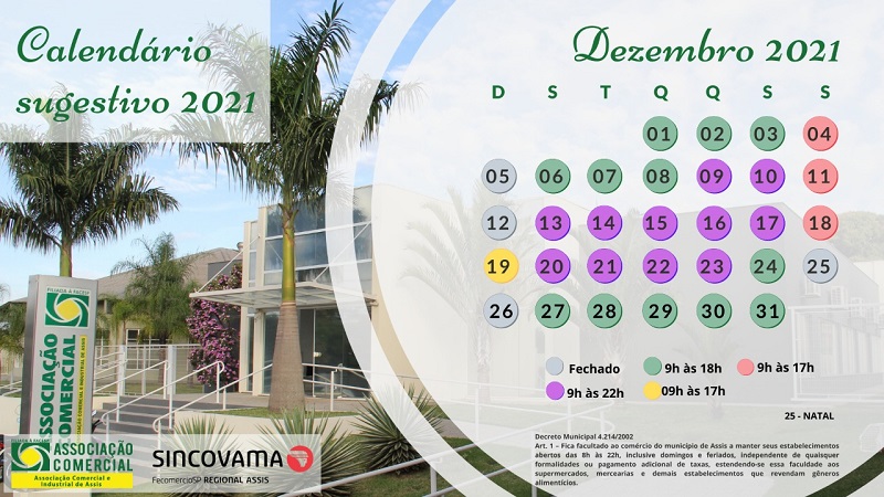 ACIA e Sincovama divulgam calendário sugestivo do comércio em dezembro