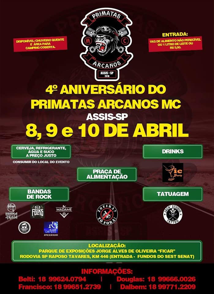 Hoje tem 4º Aniversário dos Primatas Arcanos Moto Clube; veja todos os eventos