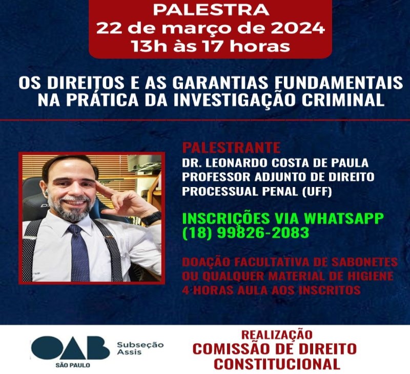 OAB convida para palestra sobre investigação criminal