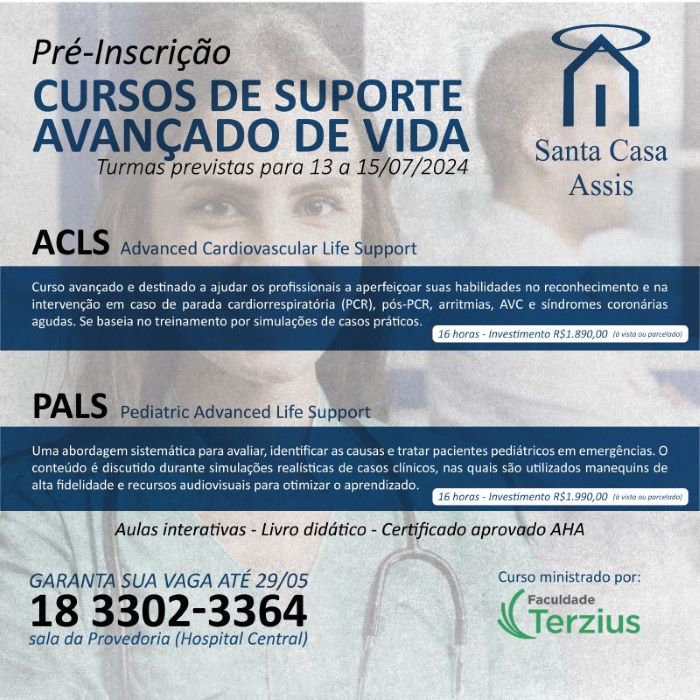 Santa Casa de Assis divulga pré-inscrições para cursos de Suporte Avançado de Vida ACLS e PALS