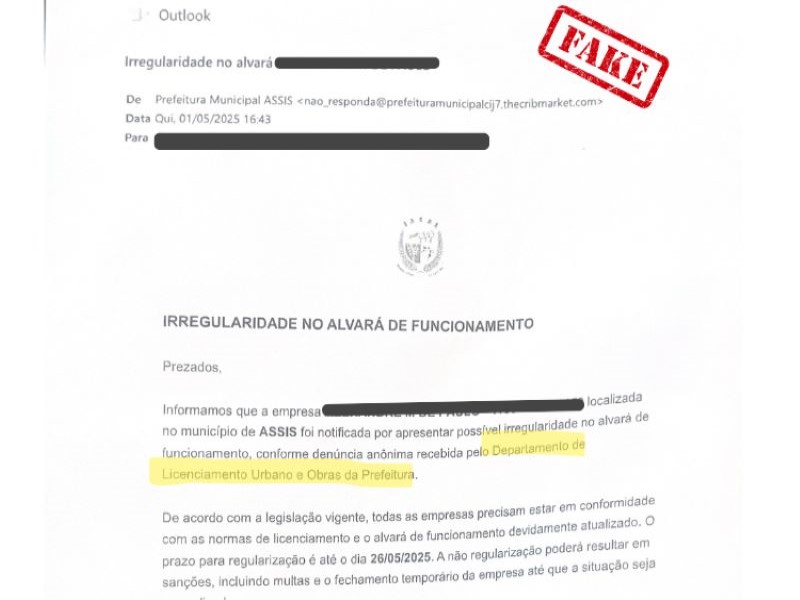 Prefeitura de Assis alerta sobre e-mails falsos envolvendo supostas irregularidades em alvarás