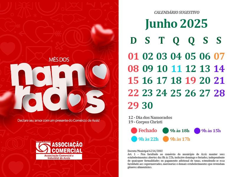 Comércio de Assis divulga  calendário de junho com atenção ao Dia dos Namorados