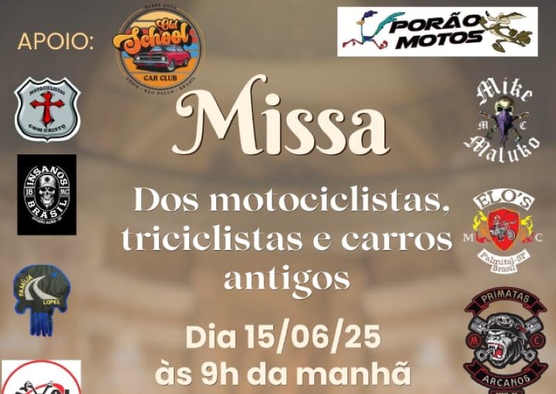Missa dos motociclistas, triciclistas e carros antigos será neste domingo, 15, na Vila Operária