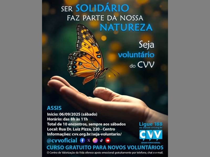 Centro de Valorização da Vida abre curso gratuito para novos voluntários em Assis