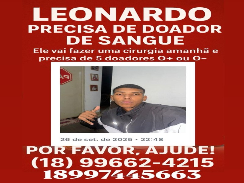 Jovem passa por cirurgia e família faz apelo por doação de sangue