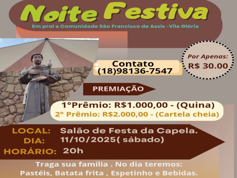 Capela São Francisco de Assis convida para noite festiva que fará sábado, 11