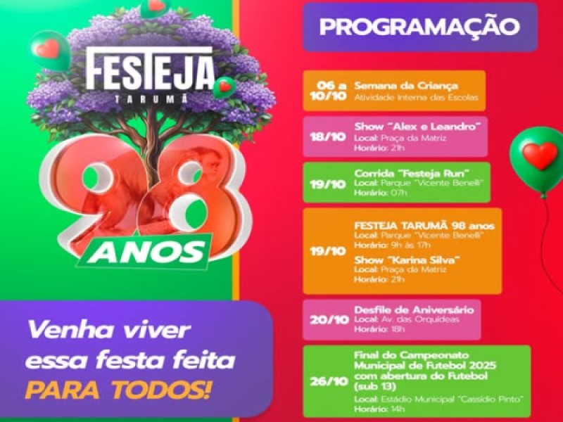 Tarumã celebra 98 anos com programação especial para toda a família