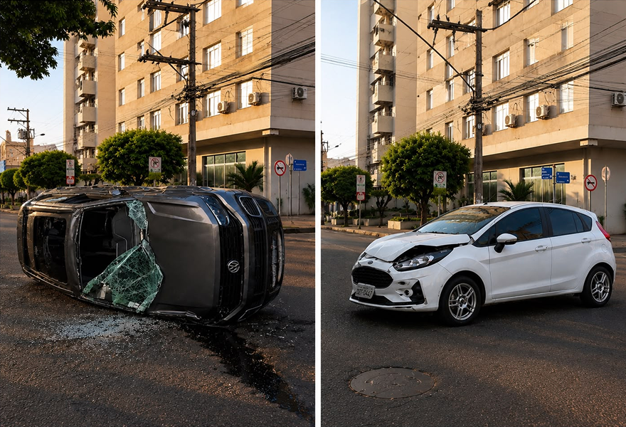Desrespeito à parada obrigatória provoca acidente e deixa carro tombado no centro de Assis